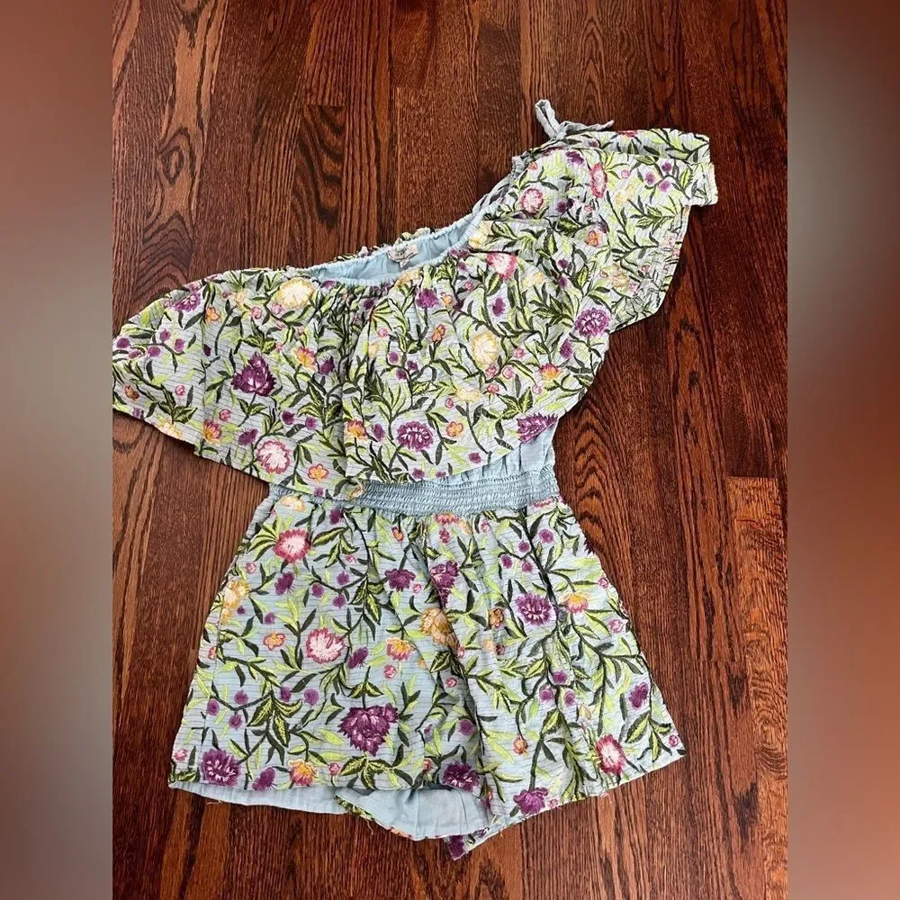 Size Large La Fuori Embroidered Romper Color: BLUE TRYST